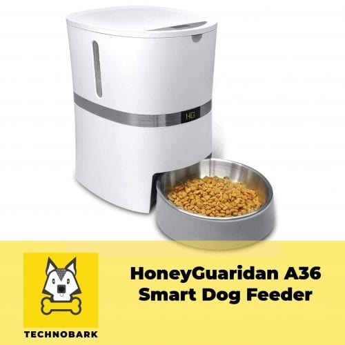 HoneyGuaridan A36 smart dog food dispenser with stainless steel food bowl.