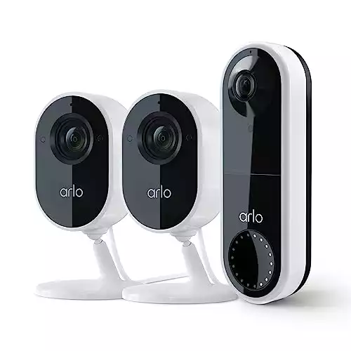 Arlo Essential Indoor Security Camera - 2 Cam (VMC2240), White Essential Wired Video Doorbell Bundle (AVD1001), White Bundle