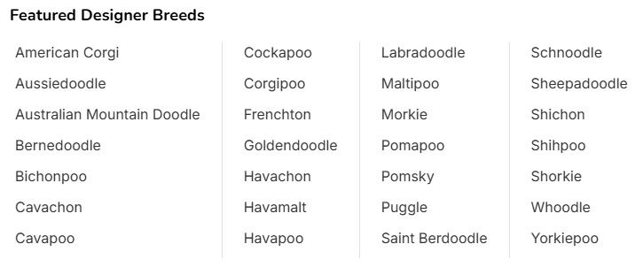 puppyspot designer breeds list