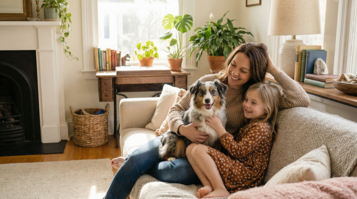 a woman and daughter sitting on a couch hugging their dog