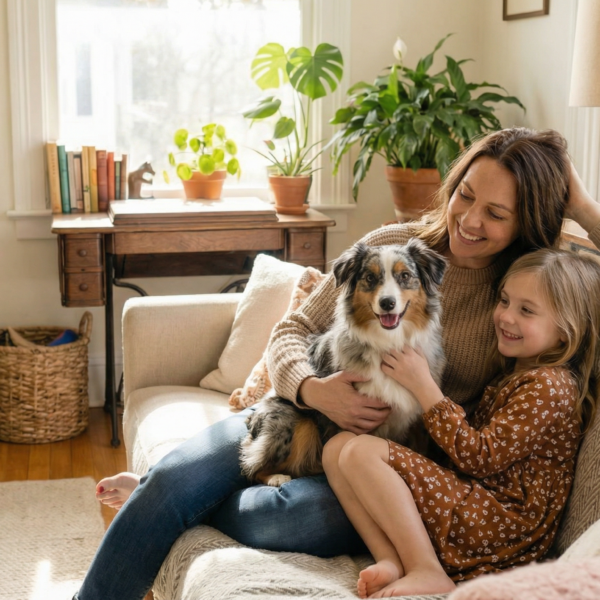a woman and daughter sitting on a couch hugging their dog